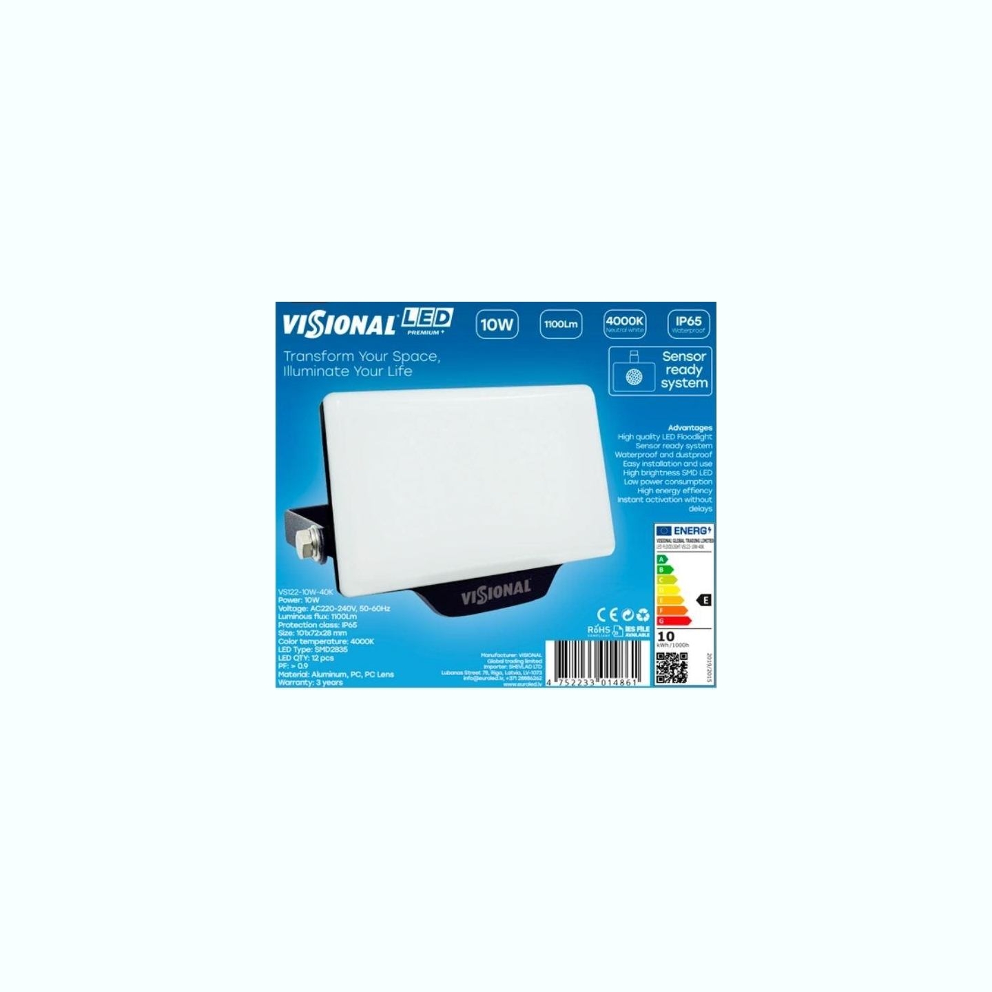 Visional Lamp|VISIONAL|Power consumption 10 Watts|Luminous flux 1100 Lumen|4000 K|AC220-240V|Beam angle 120 degrees|VS122-10W-40