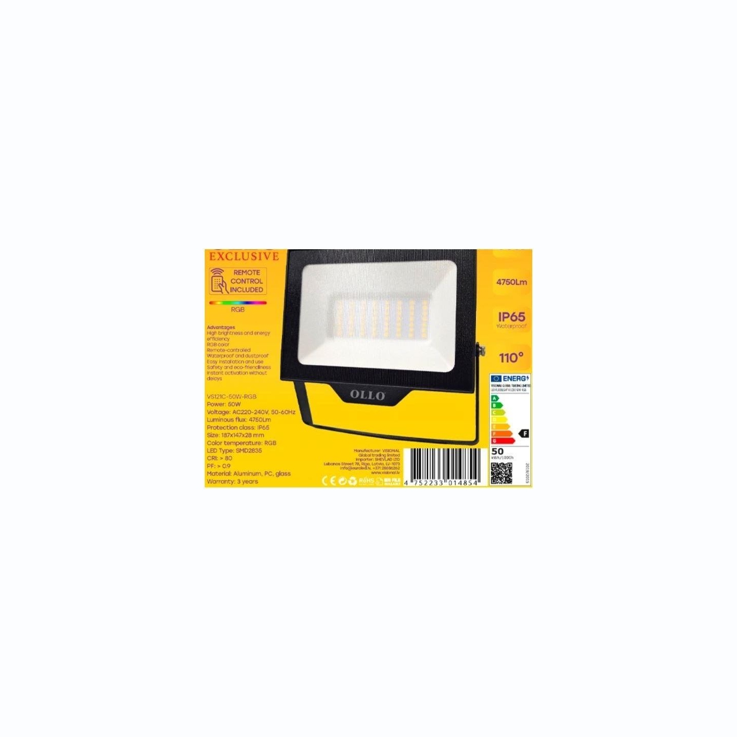 Ollo Lamp|OLLO|Power consumption 50 Watts|Luminous flux 4750 Lumen|AC220-240V|Beam angle 110 degrees|VS121C-50W-RGB