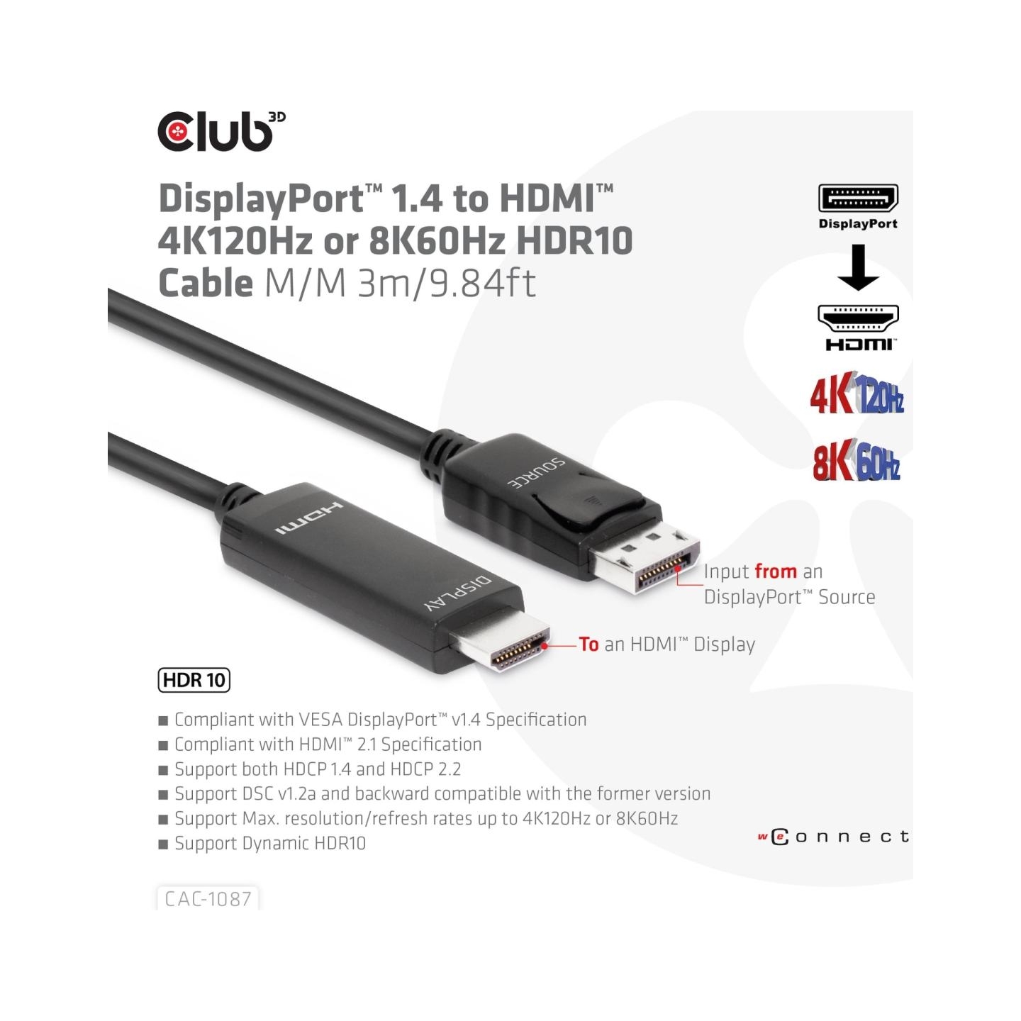 Club3D CABLE DP TO HDMI 3M/M/M CAC-1087 CLUB3D