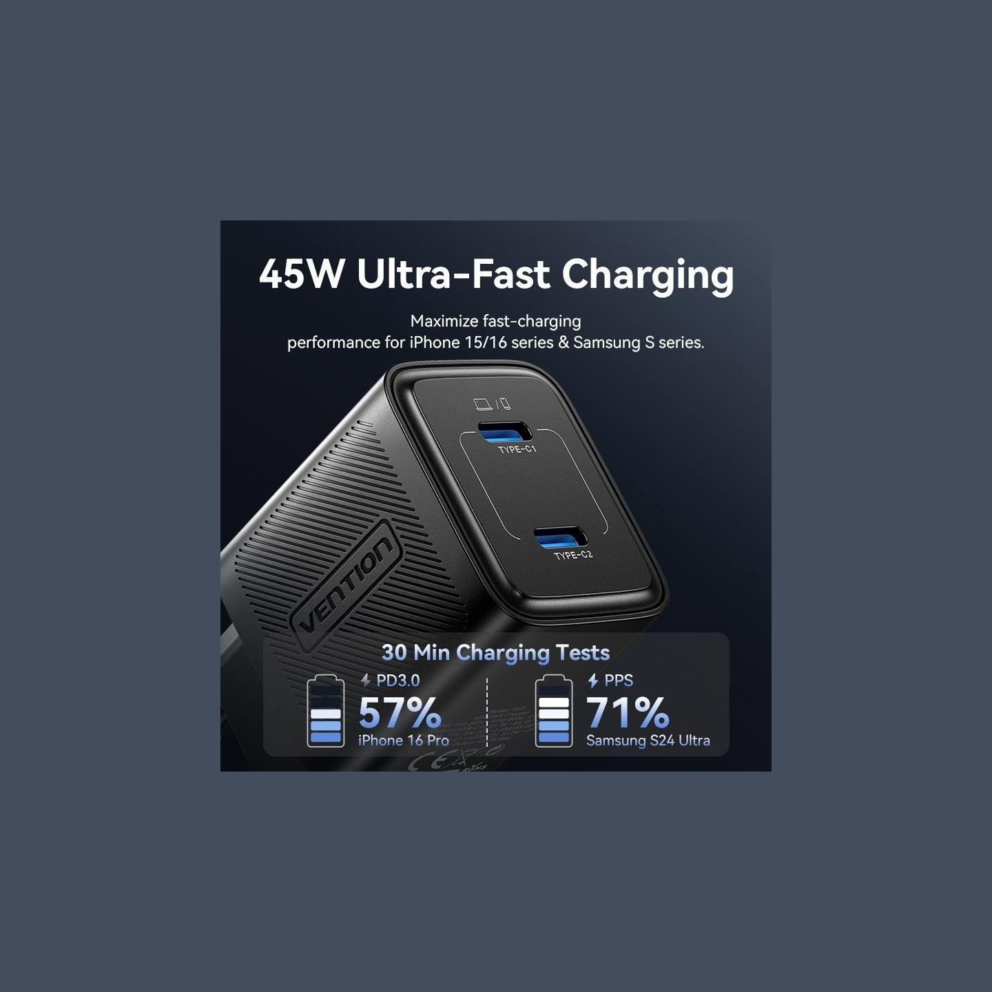 Vention MOBILE CHARGER WALL 45W USB-C/2P BLACK FEFB0-EU VENTION