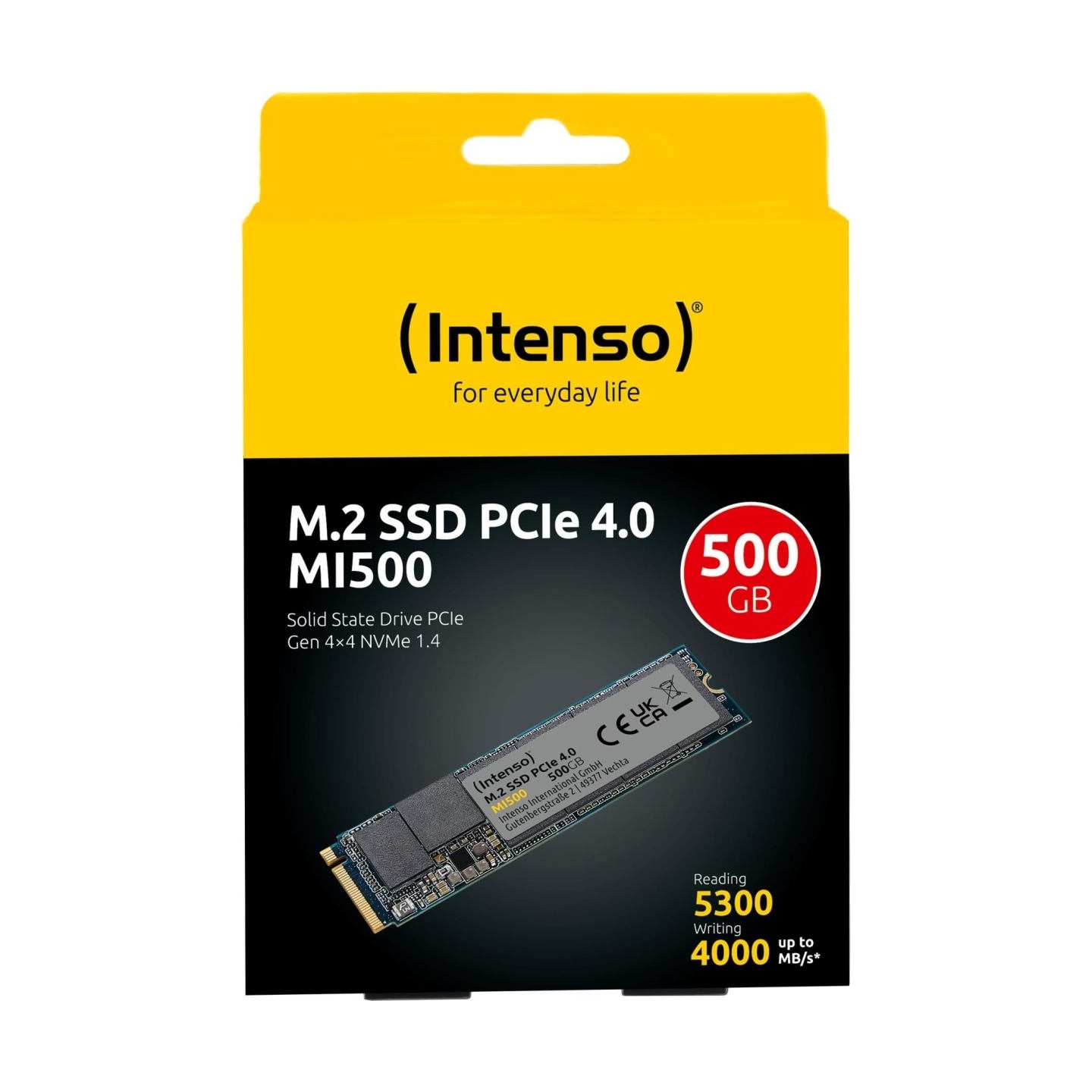 Intenso SSD|INTENSO|MI500|500GB|M.2|NVMe|3D NAND|Write speed 4000 MBytes/sec|Read speed 5300 MBytes/sec|4mm|TBW 300 TB|MTBF 1500