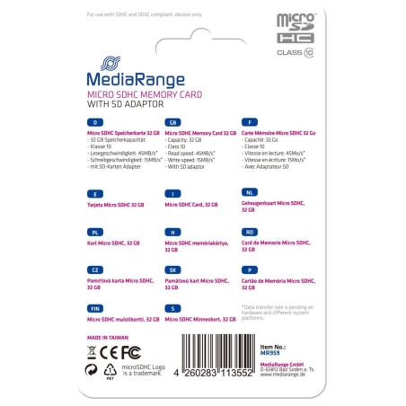 Mediarange MEMORY MICRO SDHC 32GB C10/W/ADAPTER MR959 MEDIARANGE