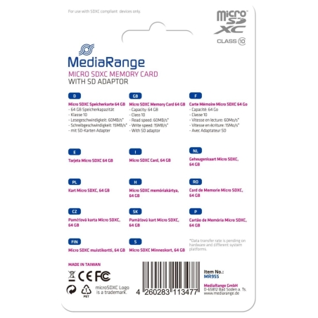Mediarange MEMORY MICRO SDXC 64GB C10/W/ADAPTER MR955 MEDIARANGE
