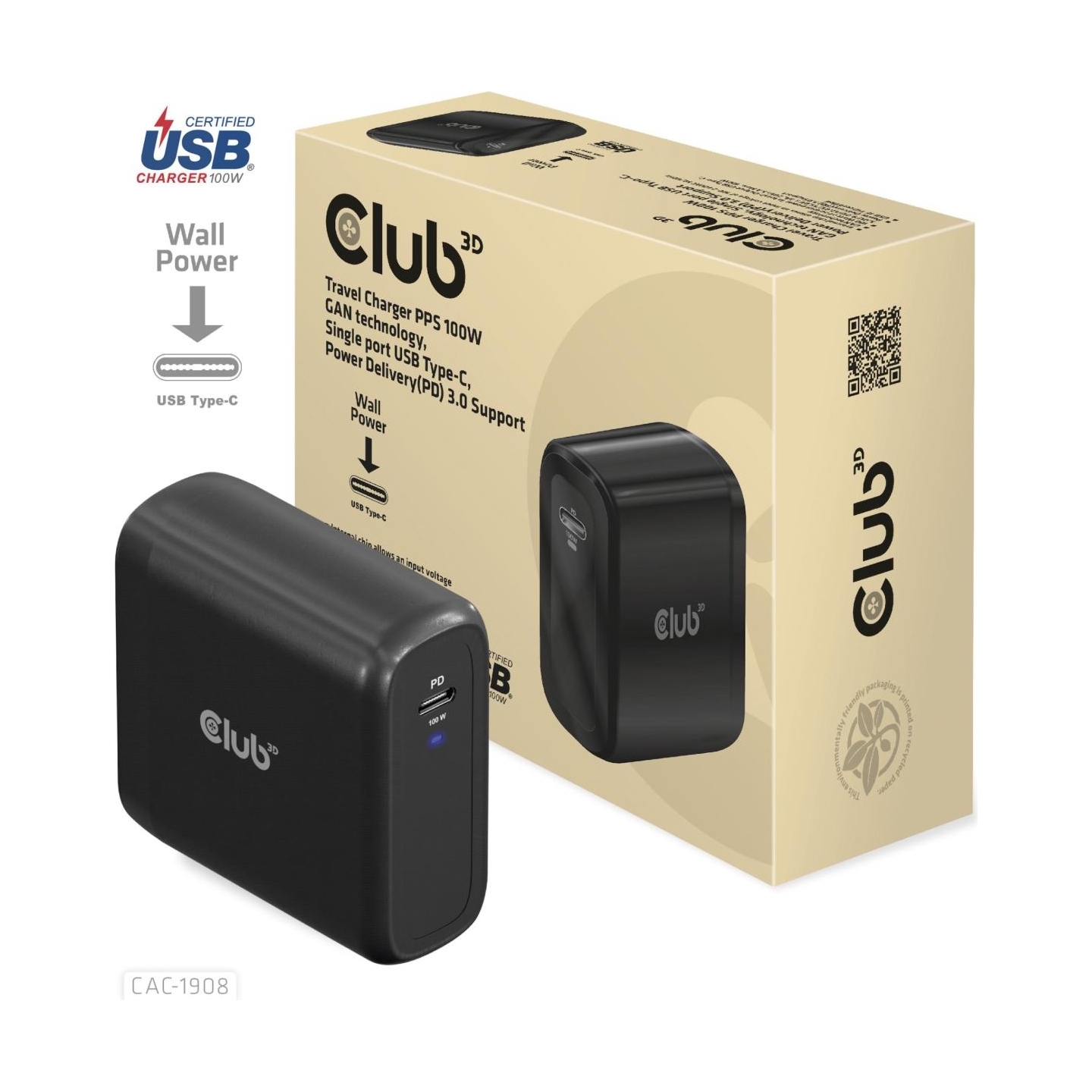 Club3D MOBILE TRAVEL CHARGER USB-C/100W CAC-1908EU CLUB3D