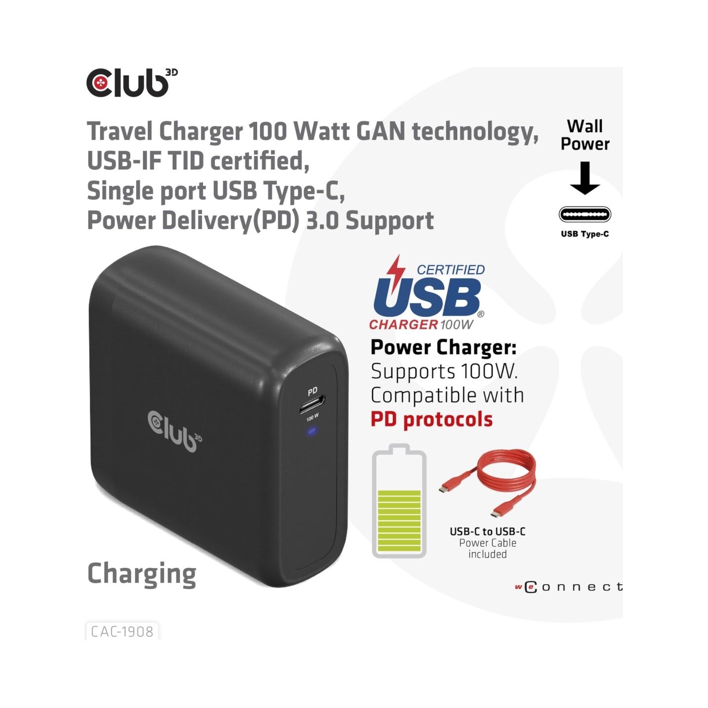 Club3D MOBILE TRAVEL CHARGER USB-C/100W CAC-1908EU CLUB3D