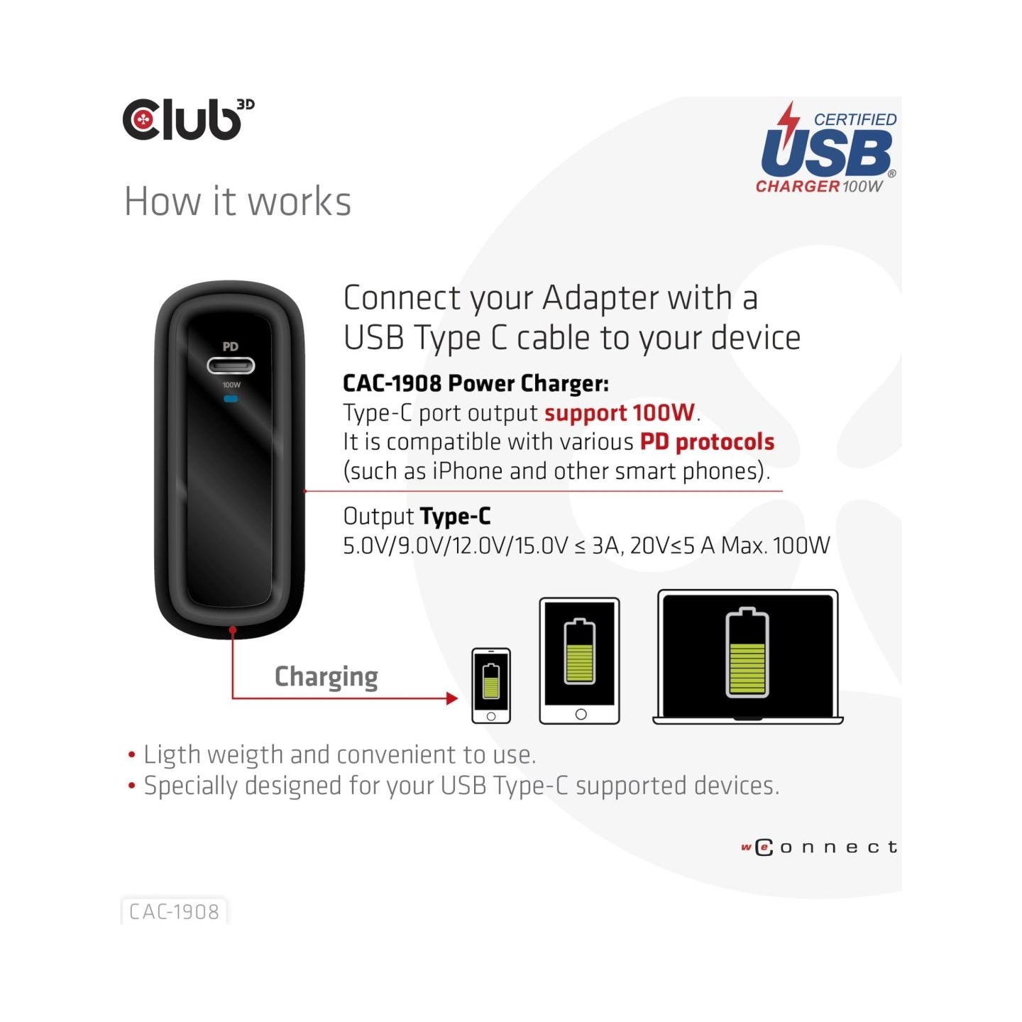 Club3D MOBILE TRAVEL CHARGER USB-C/100W CAC-1908EU CLUB3D