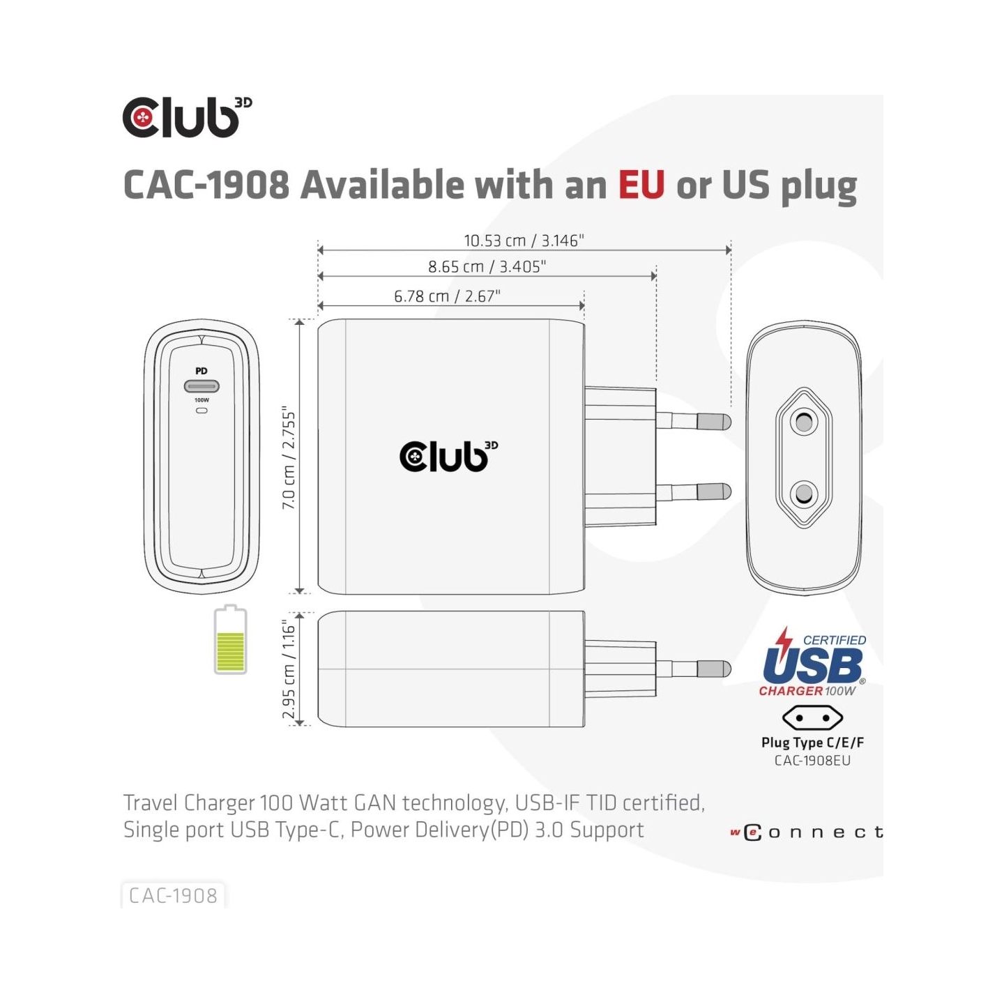 Club3D MOBILE TRAVEL CHARGER USB-C/100W CAC-1908EU CLUB3D