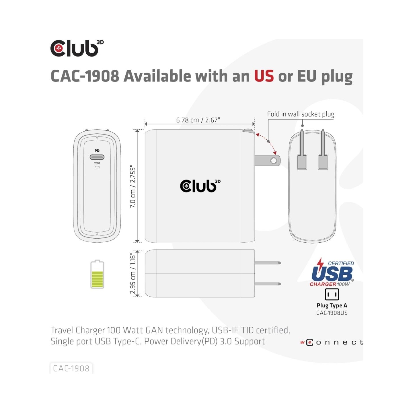 Club3D MOBILE TRAVEL CHARGER USB-C/100W CAC-1908EU CLUB3D