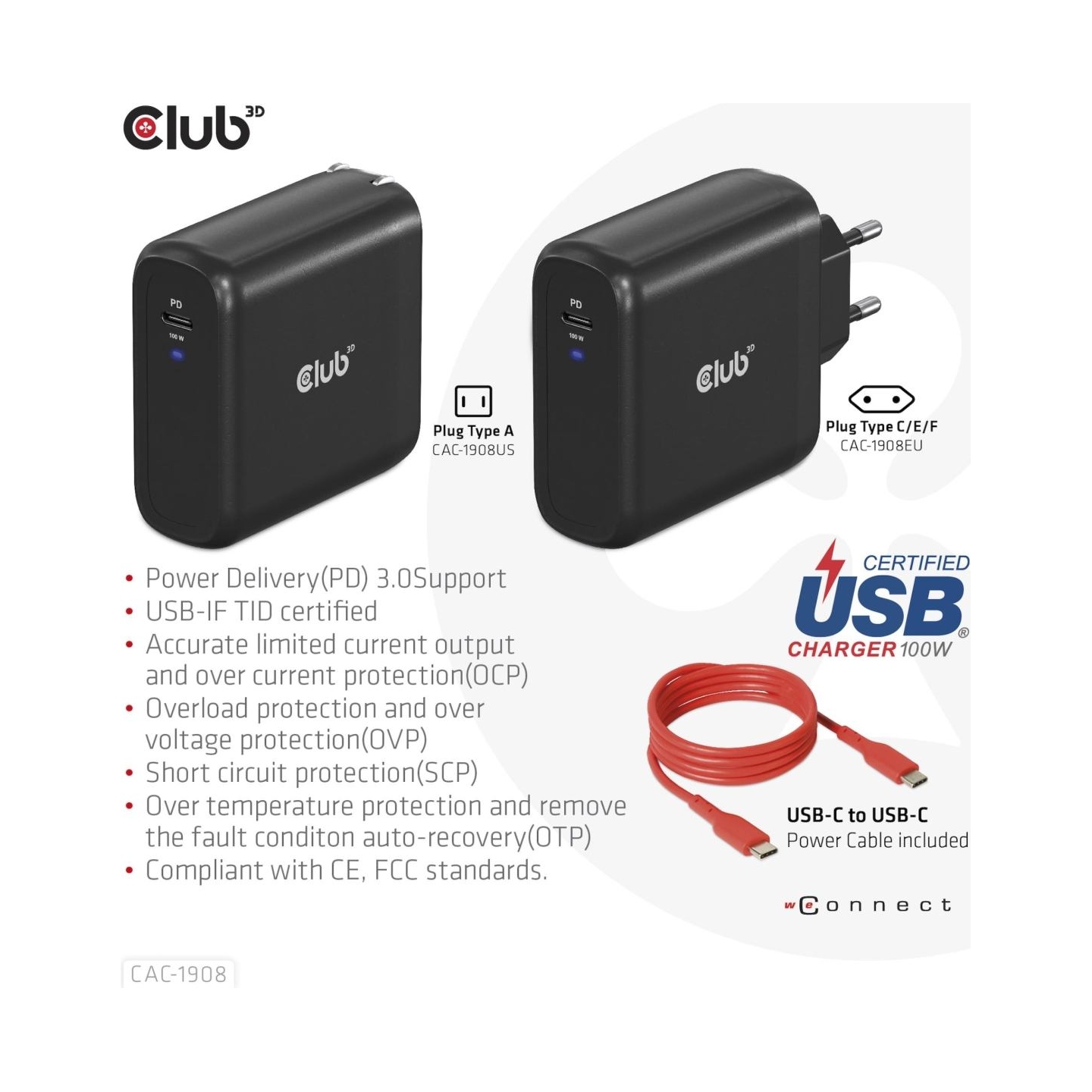 Club3D MOBILE TRAVEL CHARGER USB-C/100W CAC-1908EU CLUB3D