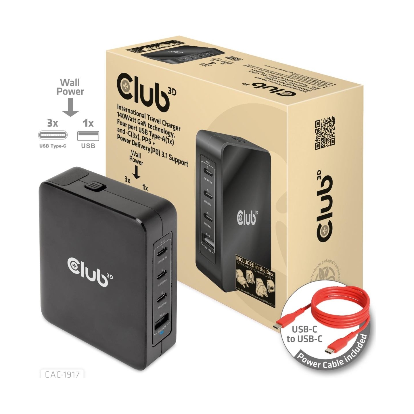 Club3D MOBILE TRAVEL CHARGER USB-C/140W GAN CAC-1917 CLUB3D