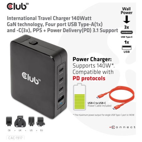Club3D MOBILE TRAVEL CHARGER USB-C/140W GAN CAC-1917 CLUB3D
