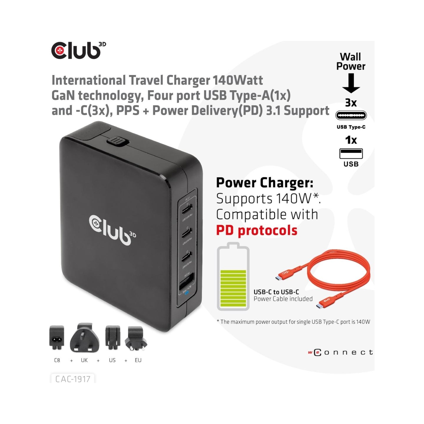 Club3D MOBILE TRAVEL CHARGER USB-C/140W GAN CAC-1917 CLUB3D