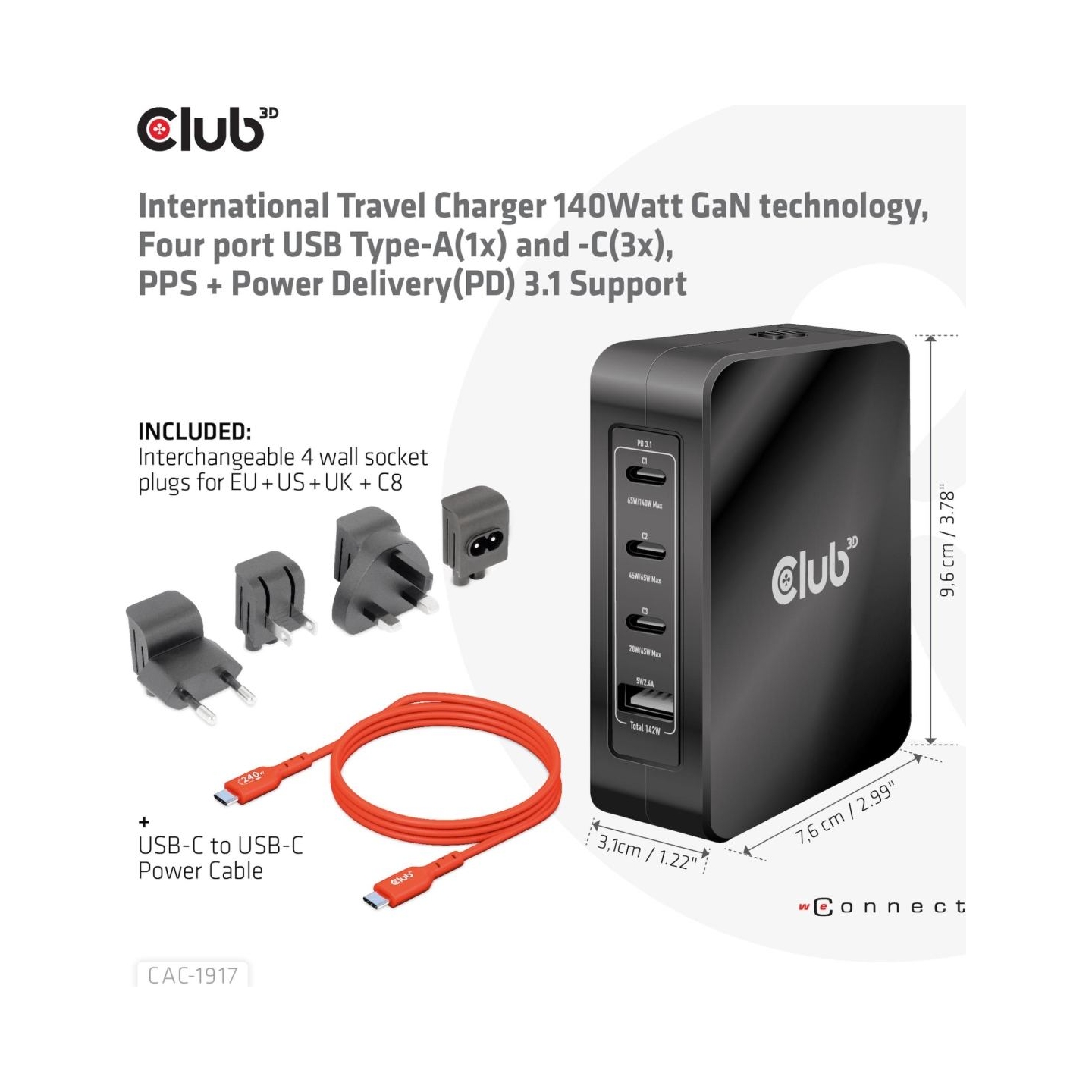 Club3D MOBILE TRAVEL CHARGER USB-C/140W GAN CAC-1917 CLUB3D