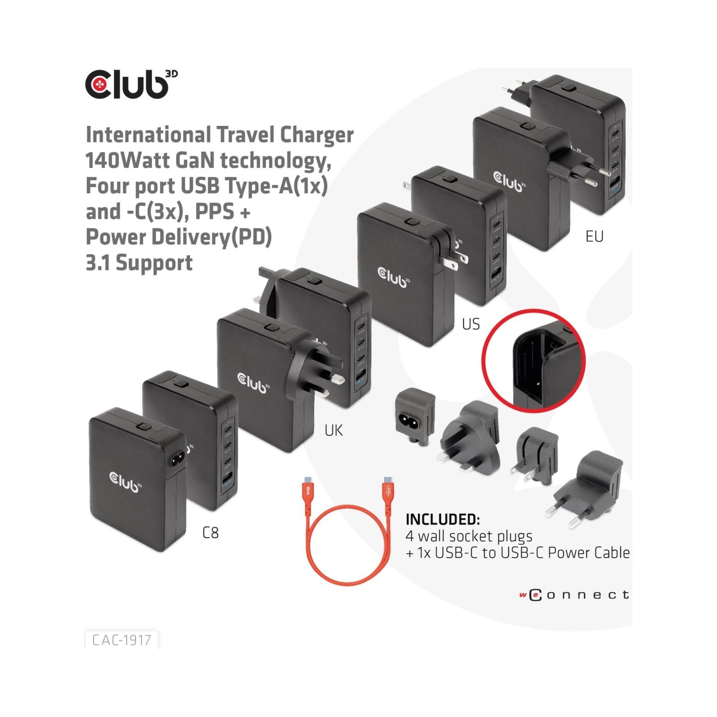 Club3D MOBILE TRAVEL CHARGER USB-C/140W GAN CAC-1917 CLUB3D