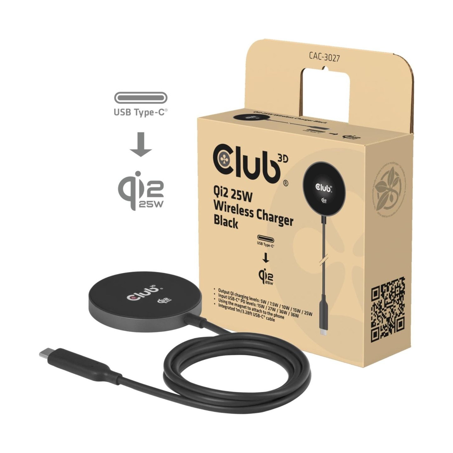 Club3D MOBILE CHARGER QI2 MAGSAFE/25W BLACK CAC-3027 CLUB3D