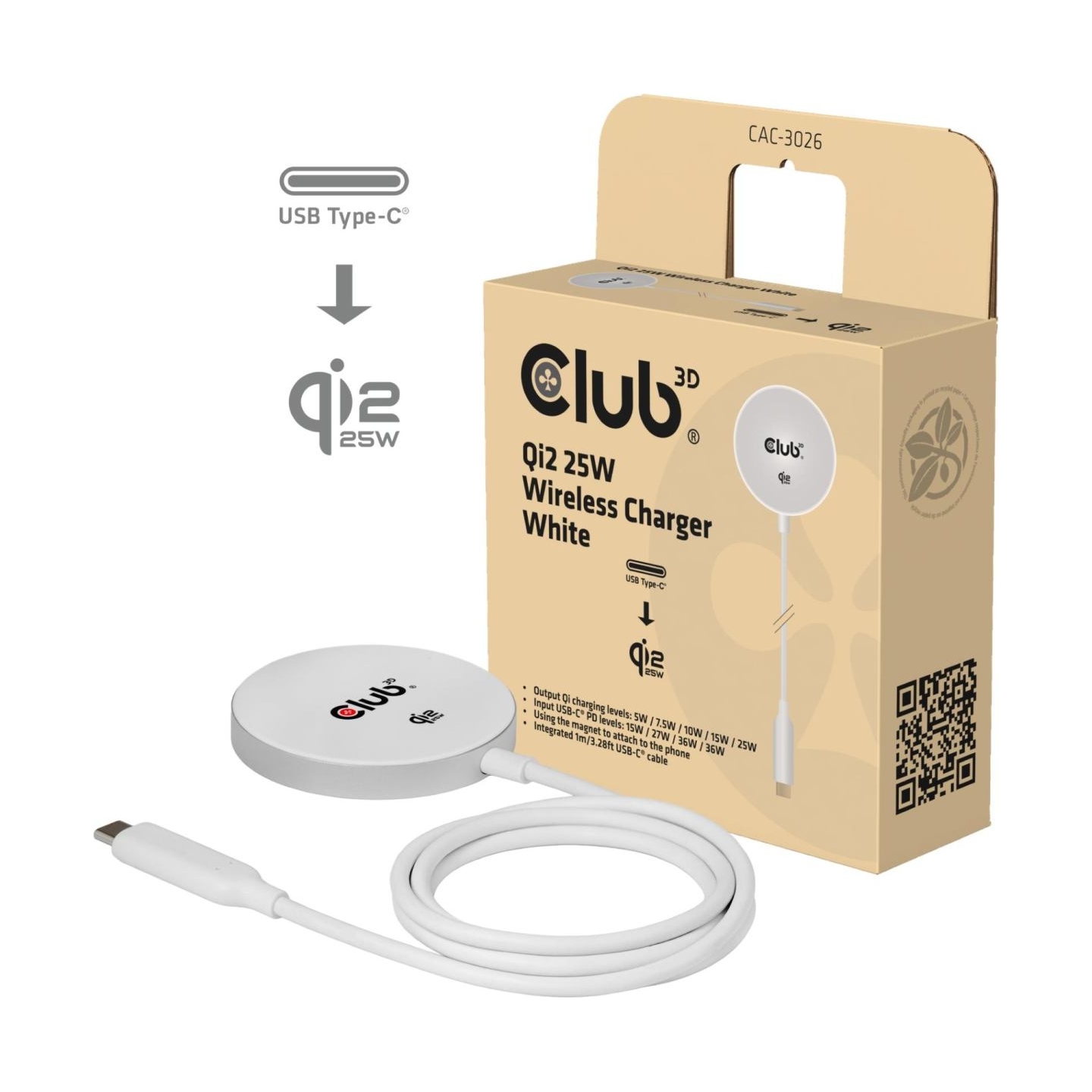 Club3D MOBILE CHARGER QI2 MAGSAFE/25W WH CAC-3026 CLUB3D