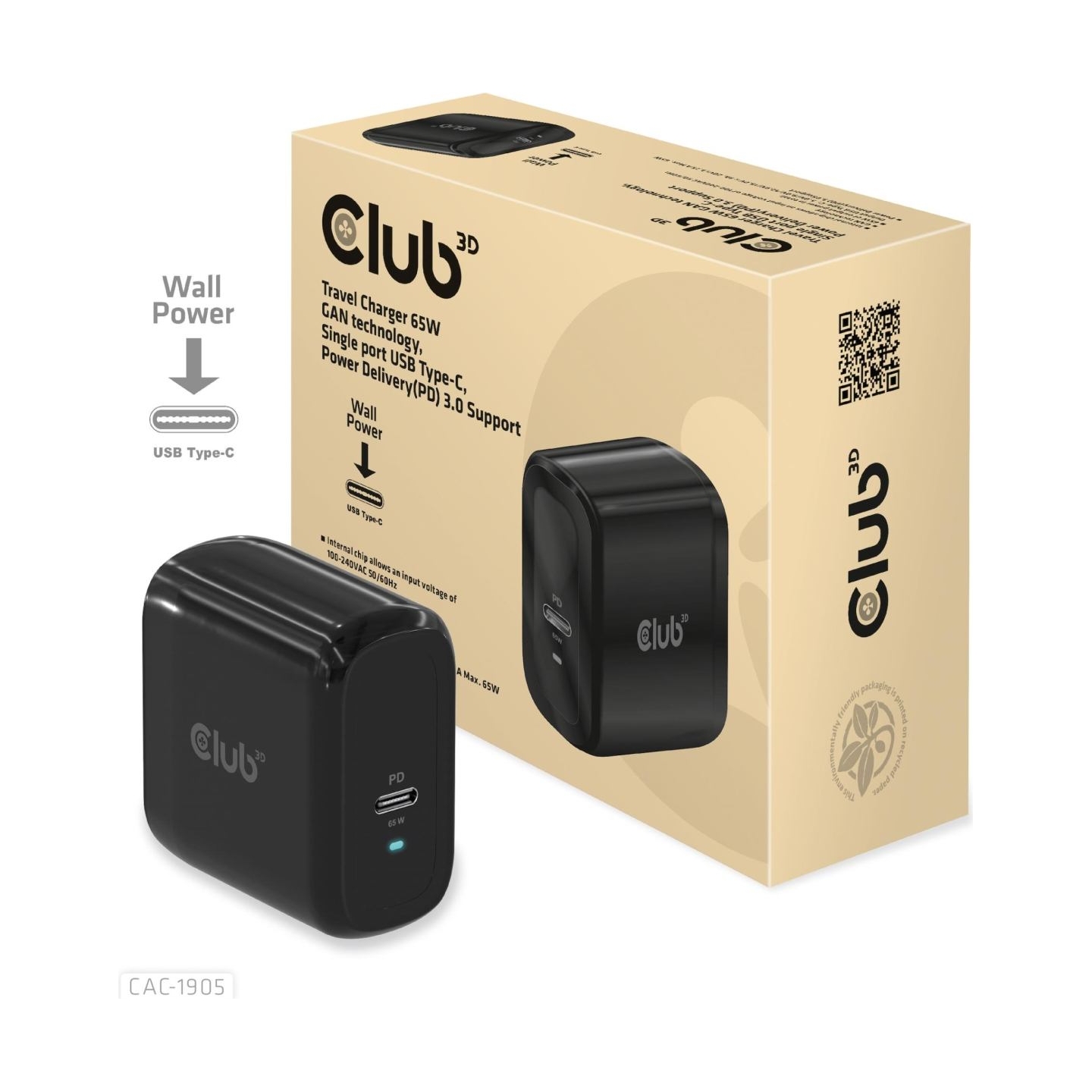 Club3D MOBILE TRAVEL CHARGER USB-C/PPS 65W CAC-1905EU CLUB3D