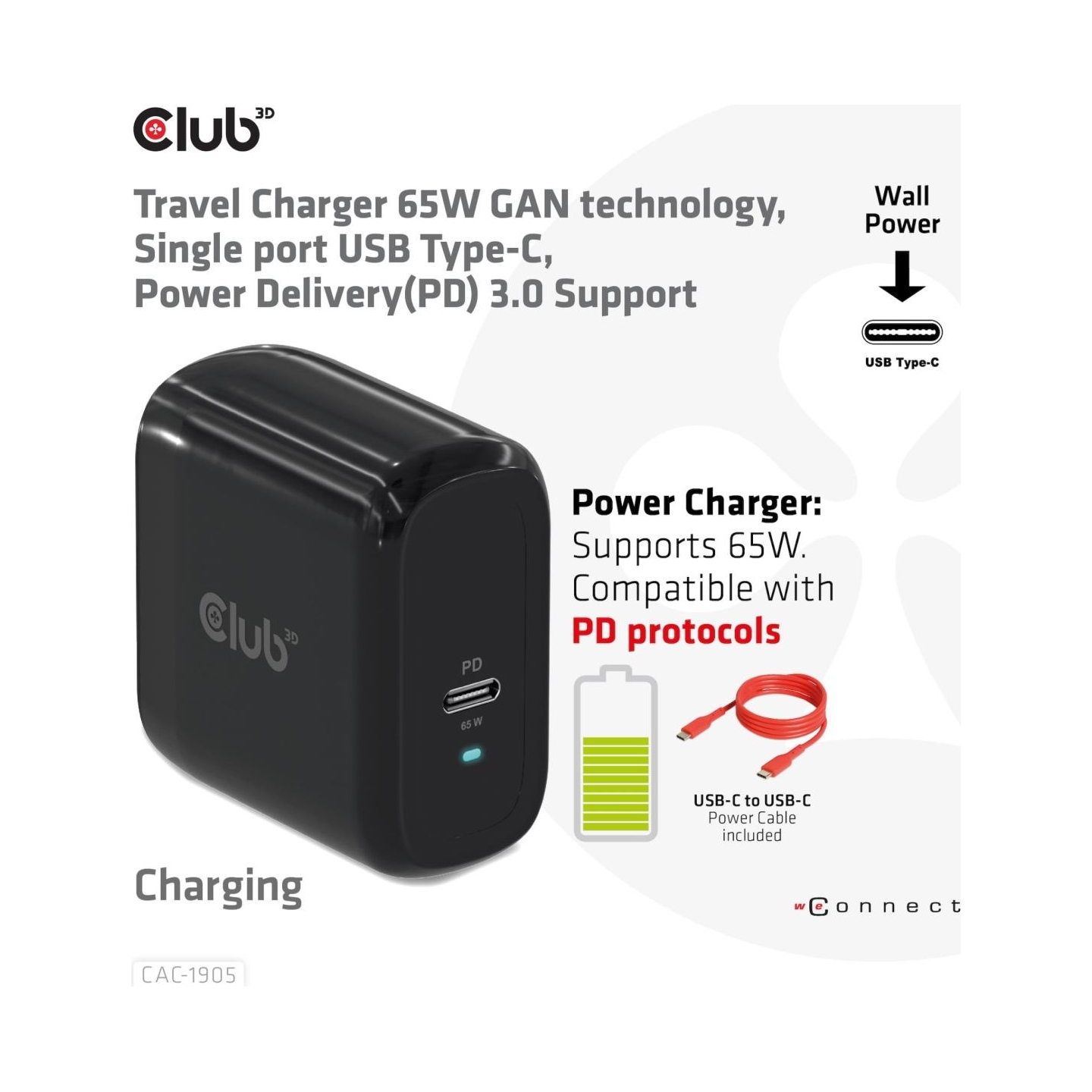 Club3D MOBILE TRAVEL CHARGER USB-C/PPS 65W CAC-1905EU CLUB3D