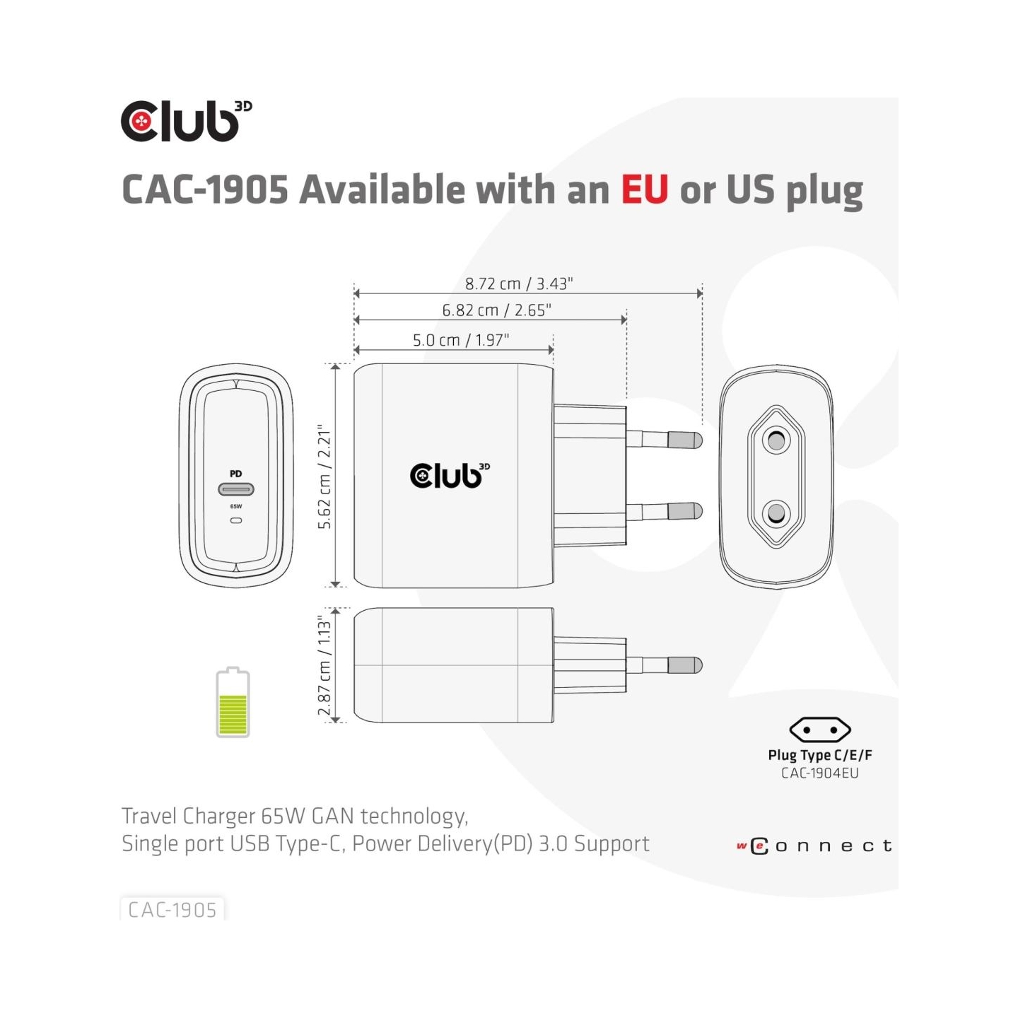 Club3D MOBILE TRAVEL CHARGER USB-C/PPS 65W CAC-1905EU CLUB3D
