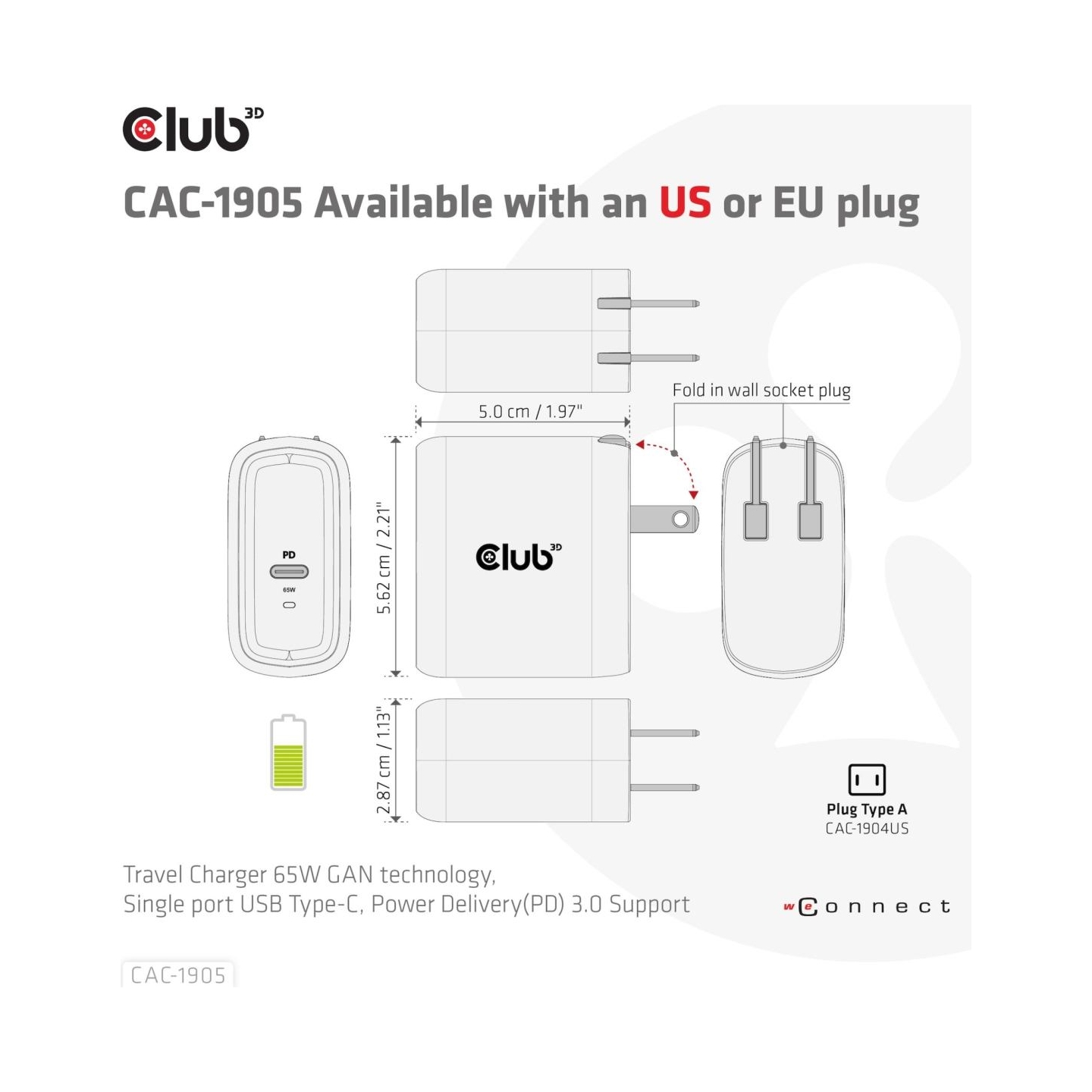 Club3D MOBILE TRAVEL CHARGER USB-C/PPS 65W CAC-1905EU CLUB3D