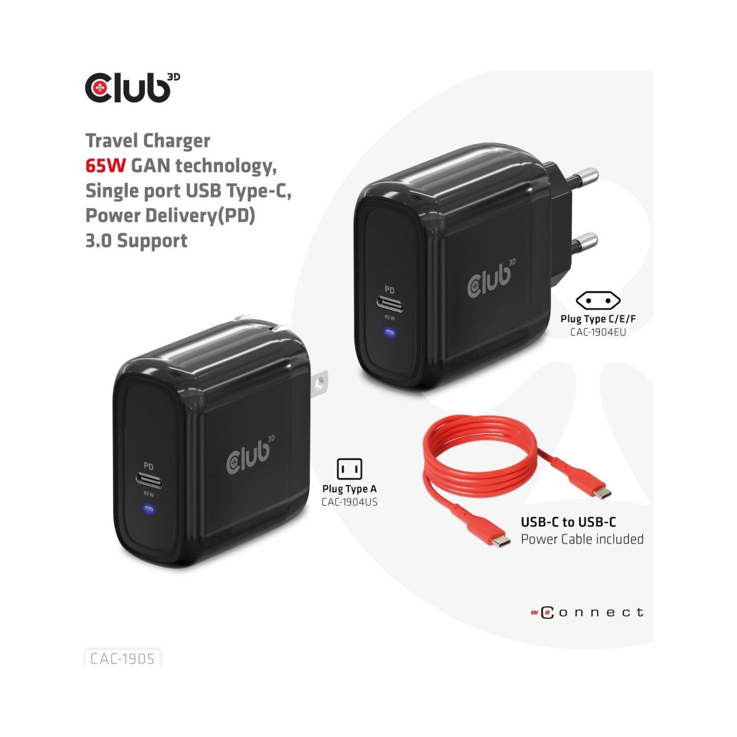 Club3D MOBILE TRAVEL CHARGER USB-C/PPS 65W CAC-1905EU CLUB3D