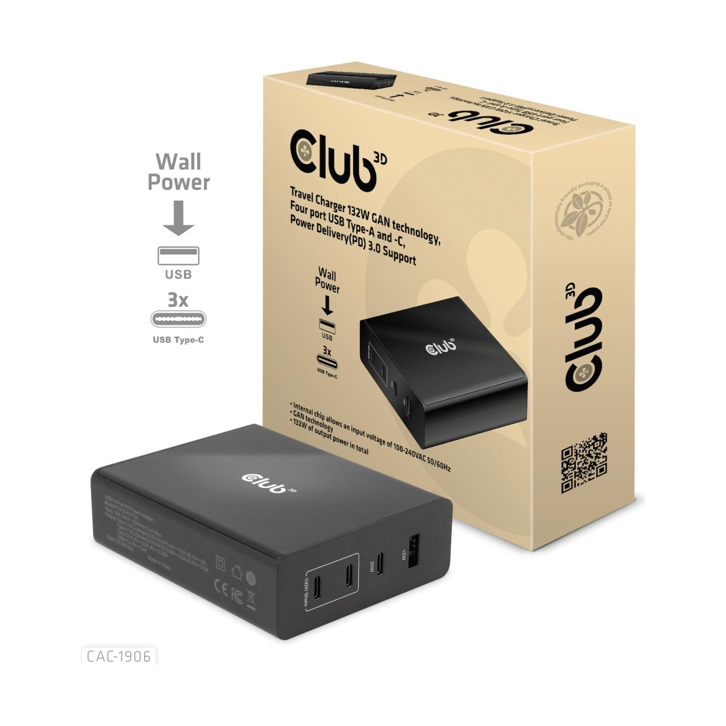 Club3D MOBILE TRAVEL CHARGER USB-C/132W GAN CAC-1906 CLUB3D