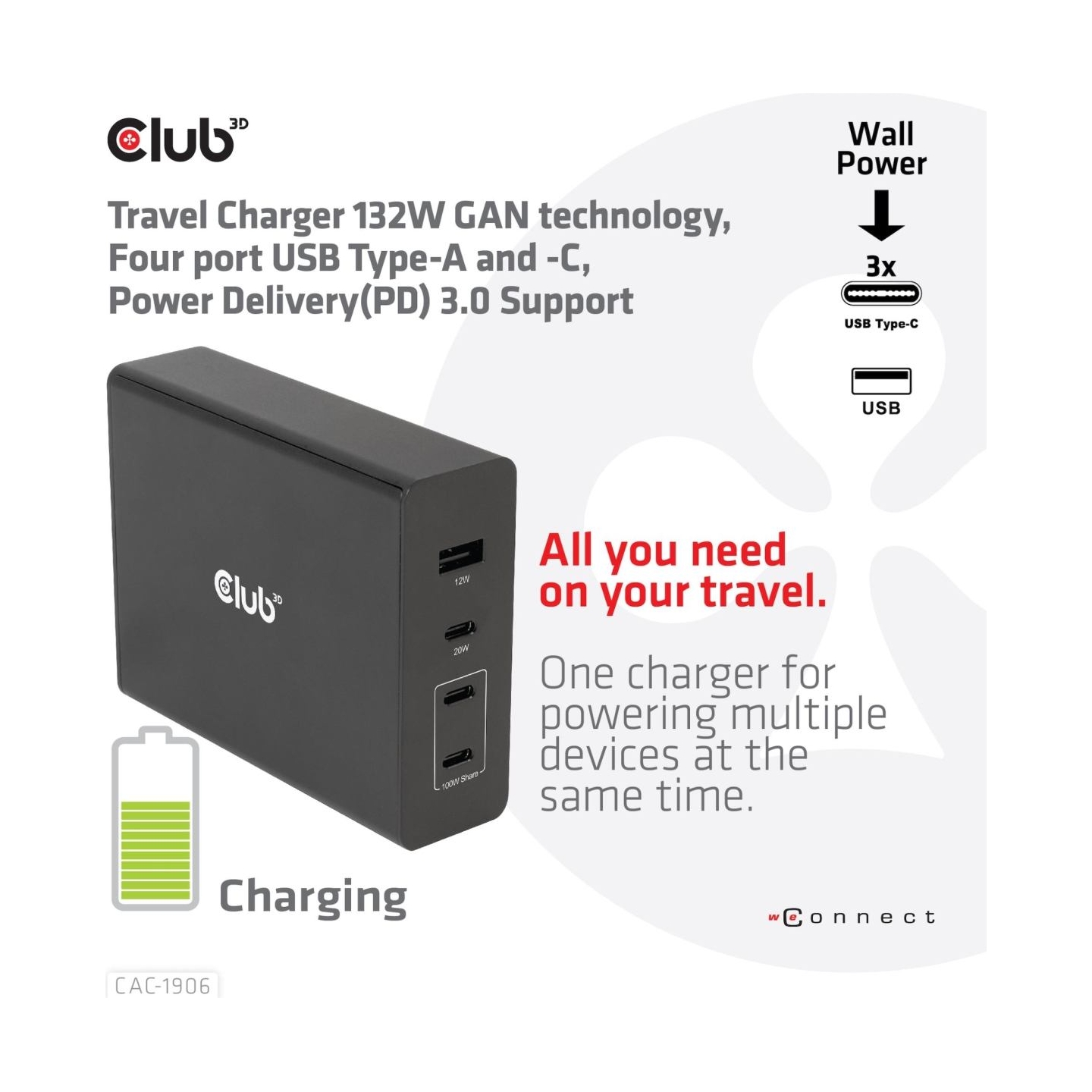 Club3D MOBILE TRAVEL CHARGER USB-C/132W GAN CAC-1906 CLUB3D