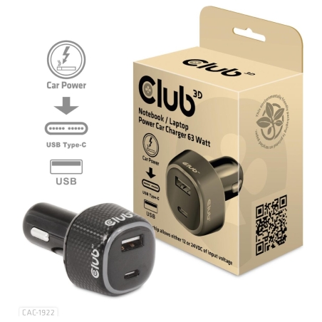Club3D NB CHARGER CAR USB+USB-C/63W CAC-1922 CLUB3D