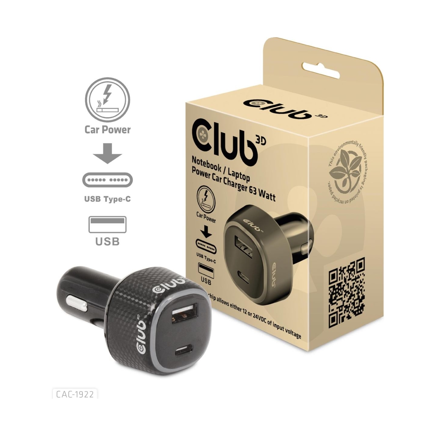 Club3D NB CHARGER CAR USB+USB-C/63W CAC-1922 CLUB3D