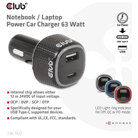Club3D NB CHARGER CAR USB+USB-C/63W CAC-1922 CLUB3D