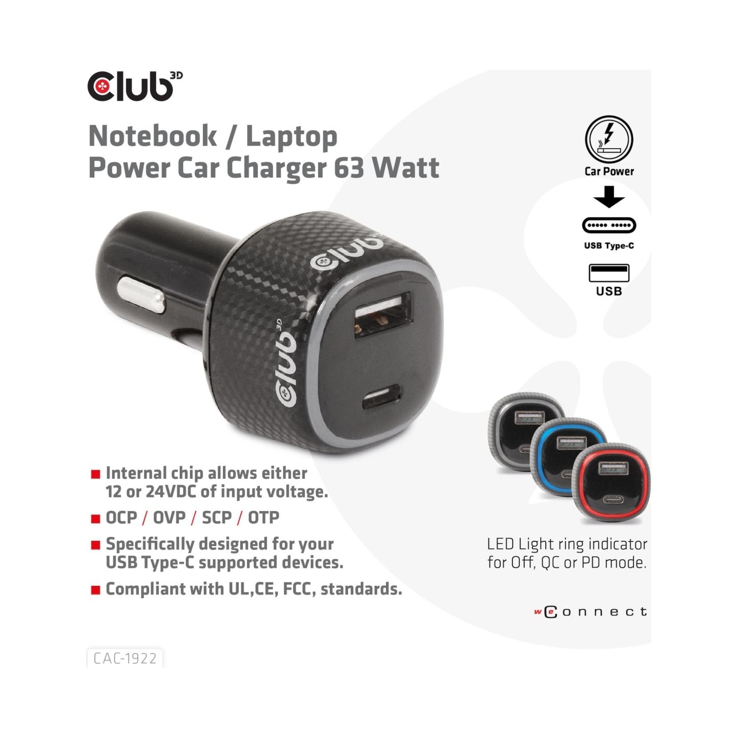 Club3D NB CHARGER CAR USB+USB-C/63W CAC-1922 CLUB3D