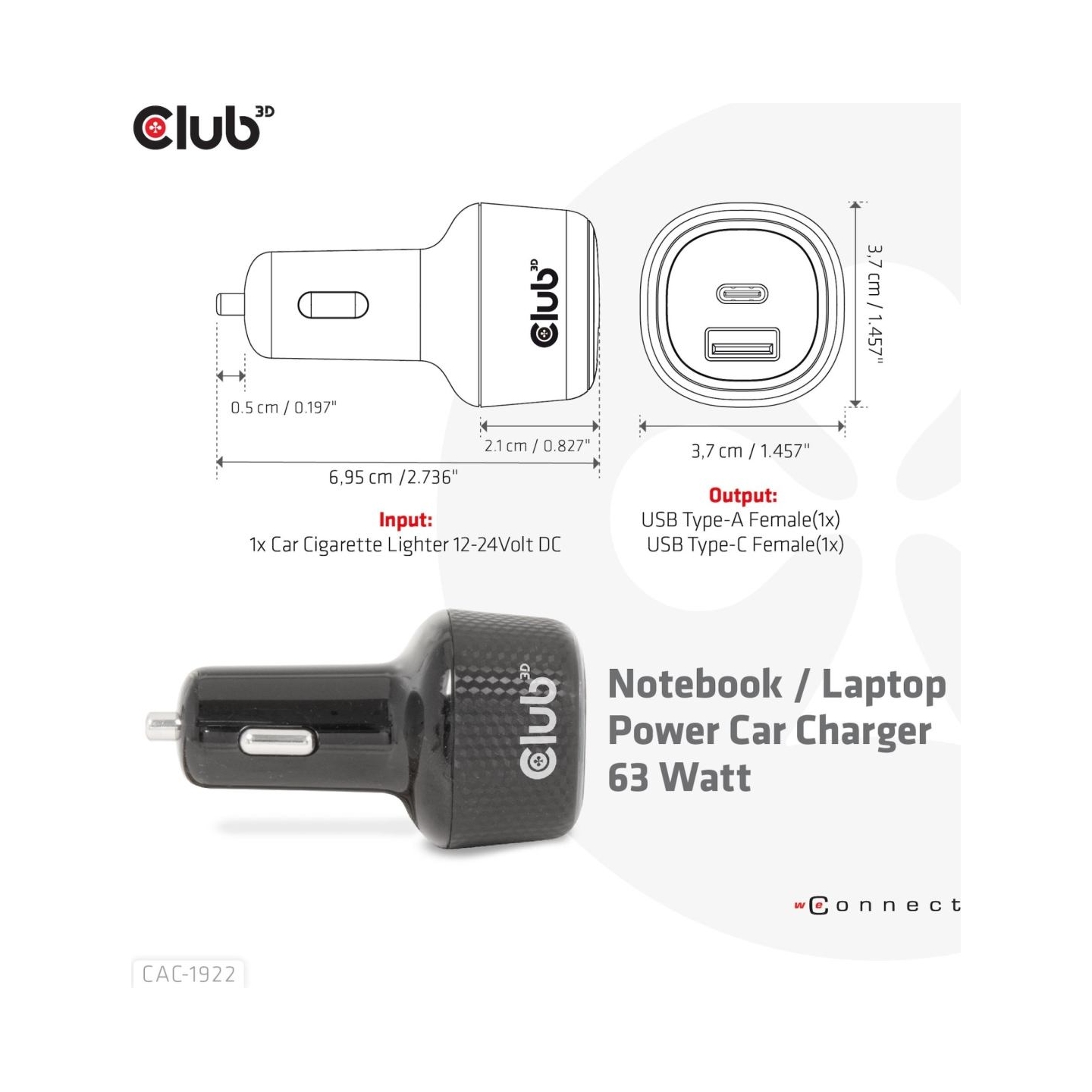 Club3D NB CHARGER CAR USB+USB-C/63W CAC-1922 CLUB3D
