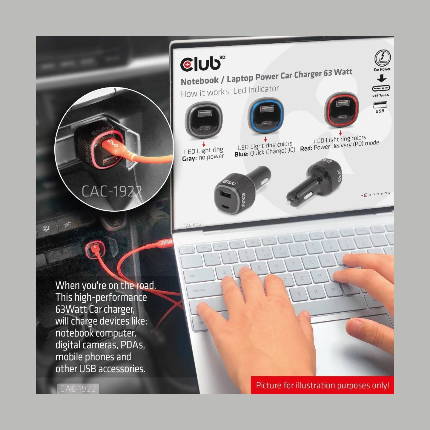 Club3D NB CHARGER CAR USB+USB-C/63W CAC-1922 CLUB3D
