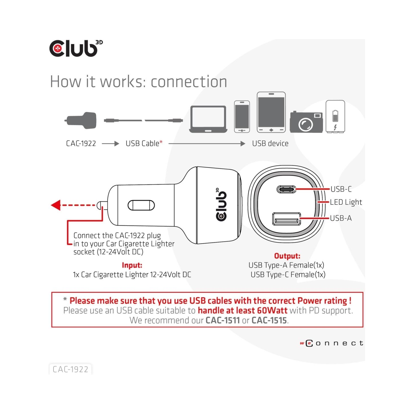 Club3D NB CHARGER CAR USB+USB-C/63W CAC-1922 CLUB3D