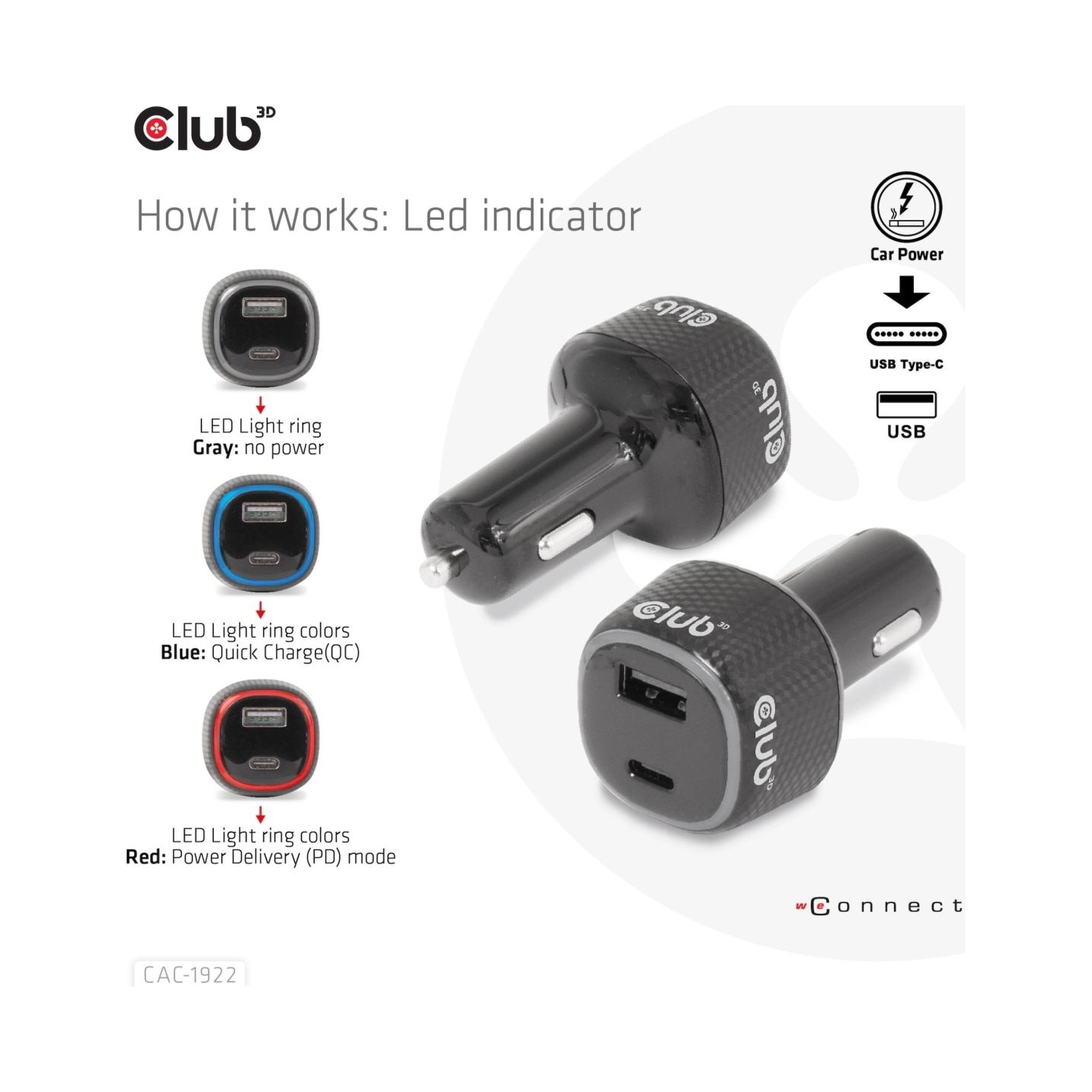 Club3D NB CHARGER CAR USB+USB-C/63W CAC-1922 CLUB3D