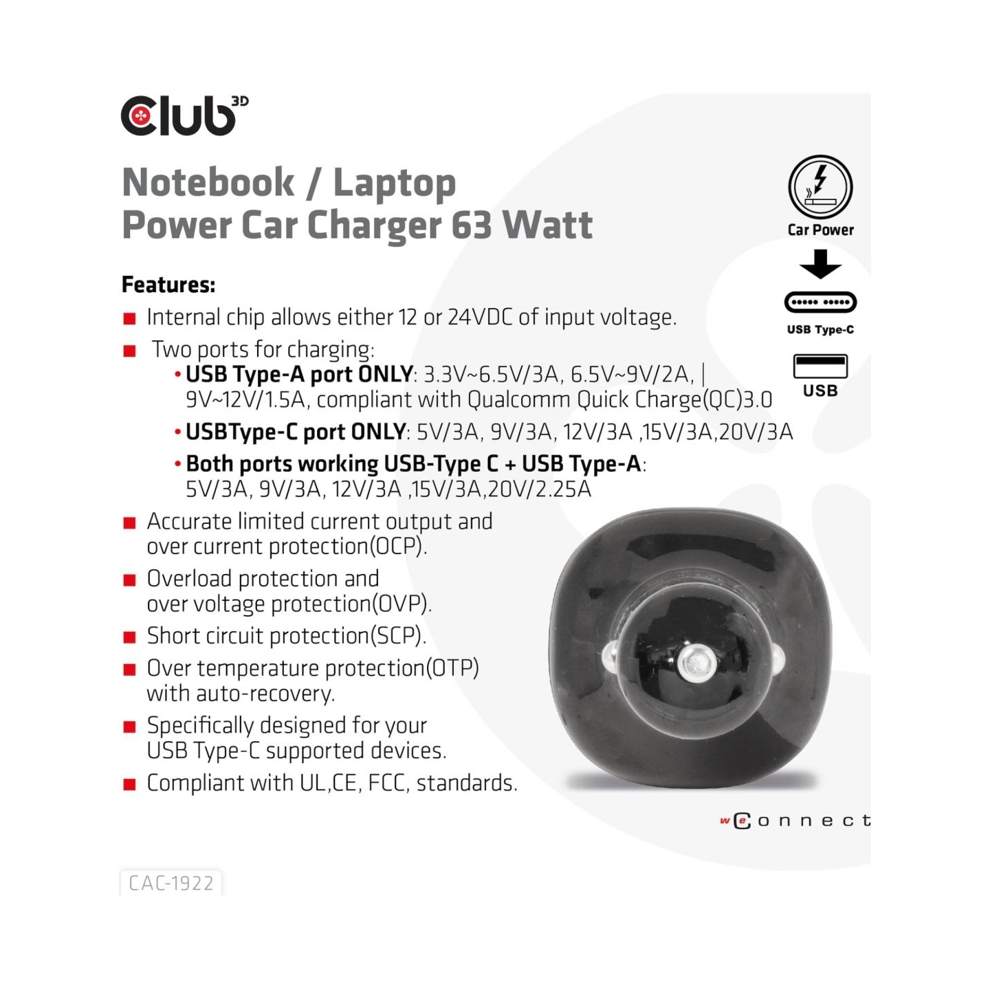 Club3D NB CHARGER CAR USB+USB-C/63W CAC-1922 CLUB3D