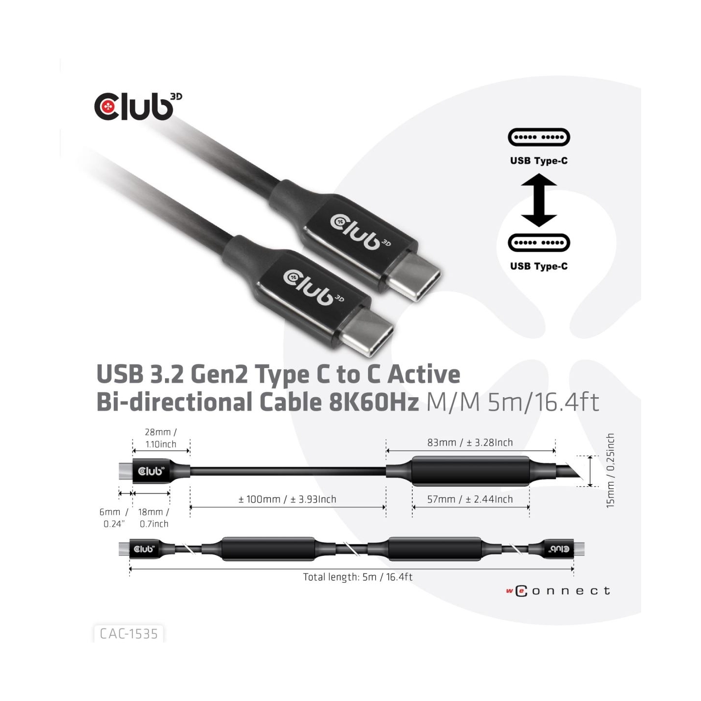 Club3D CABLE USB-C TO USB-C 5M/M/M CAC-1535 CLUB3D