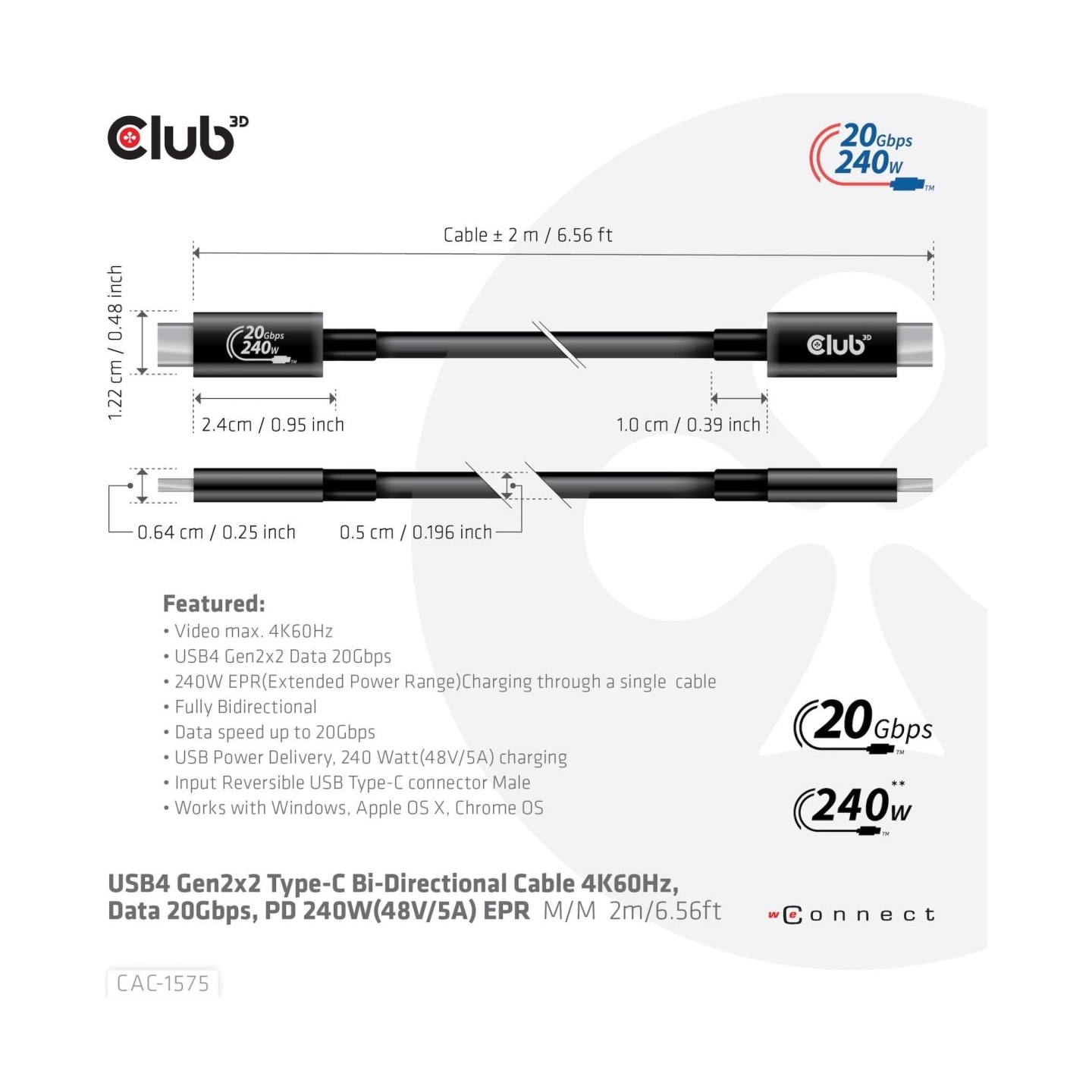 Club3D CABLE USB-C TO USB-C 2M/M/M CAC-1575 CLUB3D