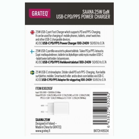 Grateq SAANA VERKKOVIRTALATURI GAN PD/PPS USB-C 25W