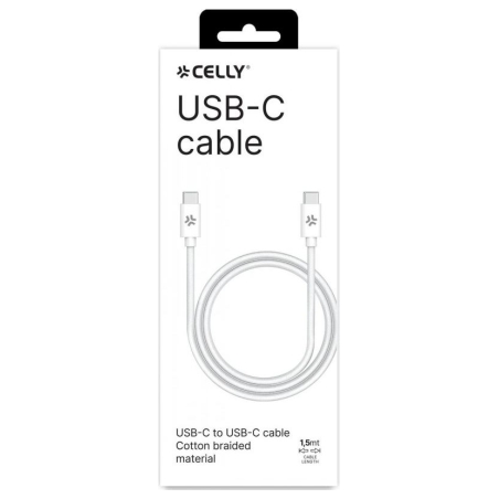 Celly USBCUSBCCOTT - USB-C TO USB-C COTTON BRAIDED CABLE WHITE (POWER DELIVERY)