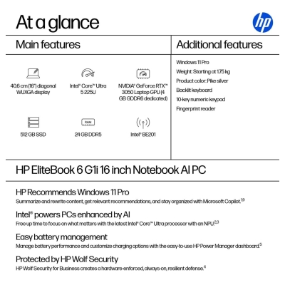HP EliteBook 6 G1i 16 - Ultra 5-225U, 24GB, 512GB SSD, 16 WUXGA 300-nit AG, 5MP IR cam, WWAN-ready, Smartcard, FPR, US backlit k
