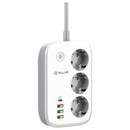 Tellur Smart WiFi Power Strip 3 Outlets, PD30W, QC18W, 2xUSB 2.4A 2500W 10A 2m
