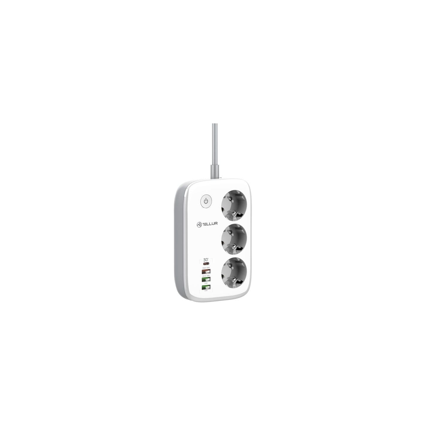 Tellur Smart WiFi Power Strip 3 Outlets, PD30W, QC18W, 2xUSB 2.4A 2500W 10A 2m