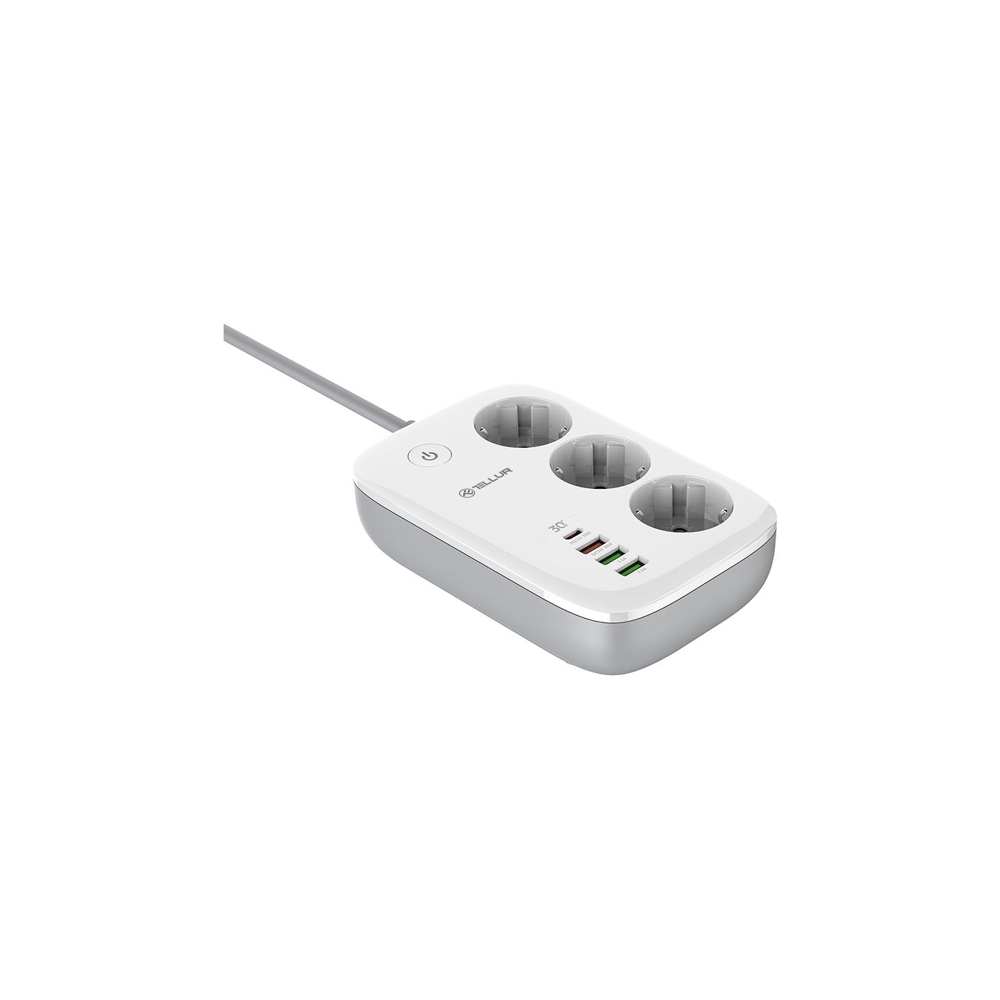 Tellur Smart WiFi Power Strip 3 Outlets, PD30W, QC18W, 2xUSB 2.4A 2500W 10A 2m