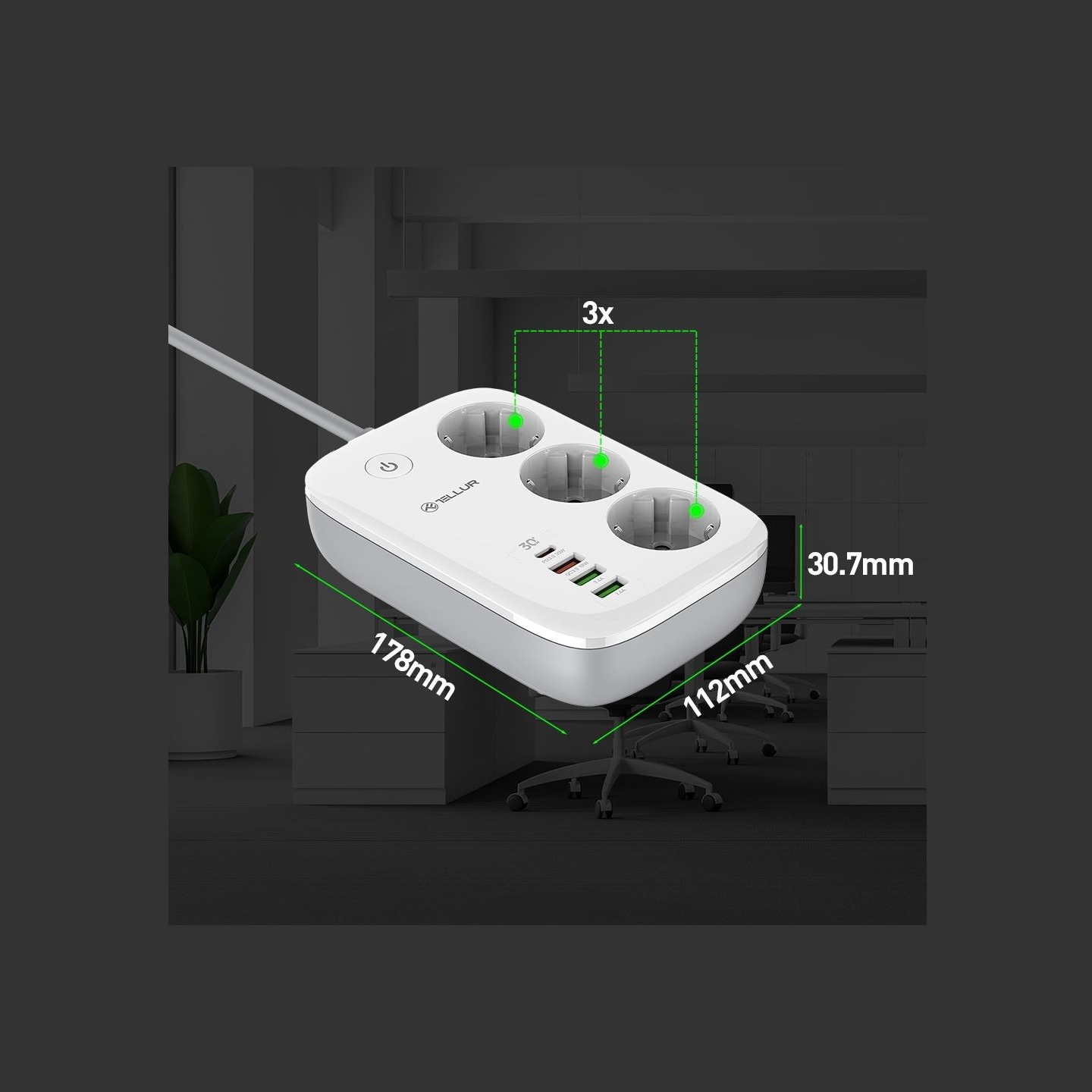 Tellur Smart WiFi Power Strip 3 Outlets, PD30W, QC18W, 2xUSB 2.4A 2500W 10A 2m