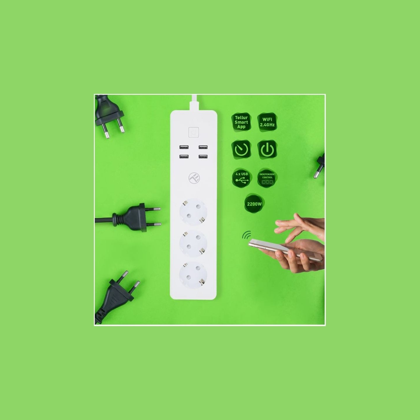 Tellur WiFi Power Strip, 3 Outlets, 4*USB 4A, 2200W, 10A, 1.8m