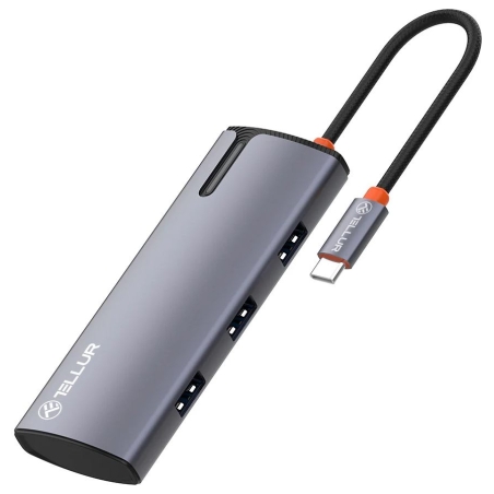 Tellur USB-C hub, PD 3.0 100W, HDMI, 3xUSB 3.0 grey