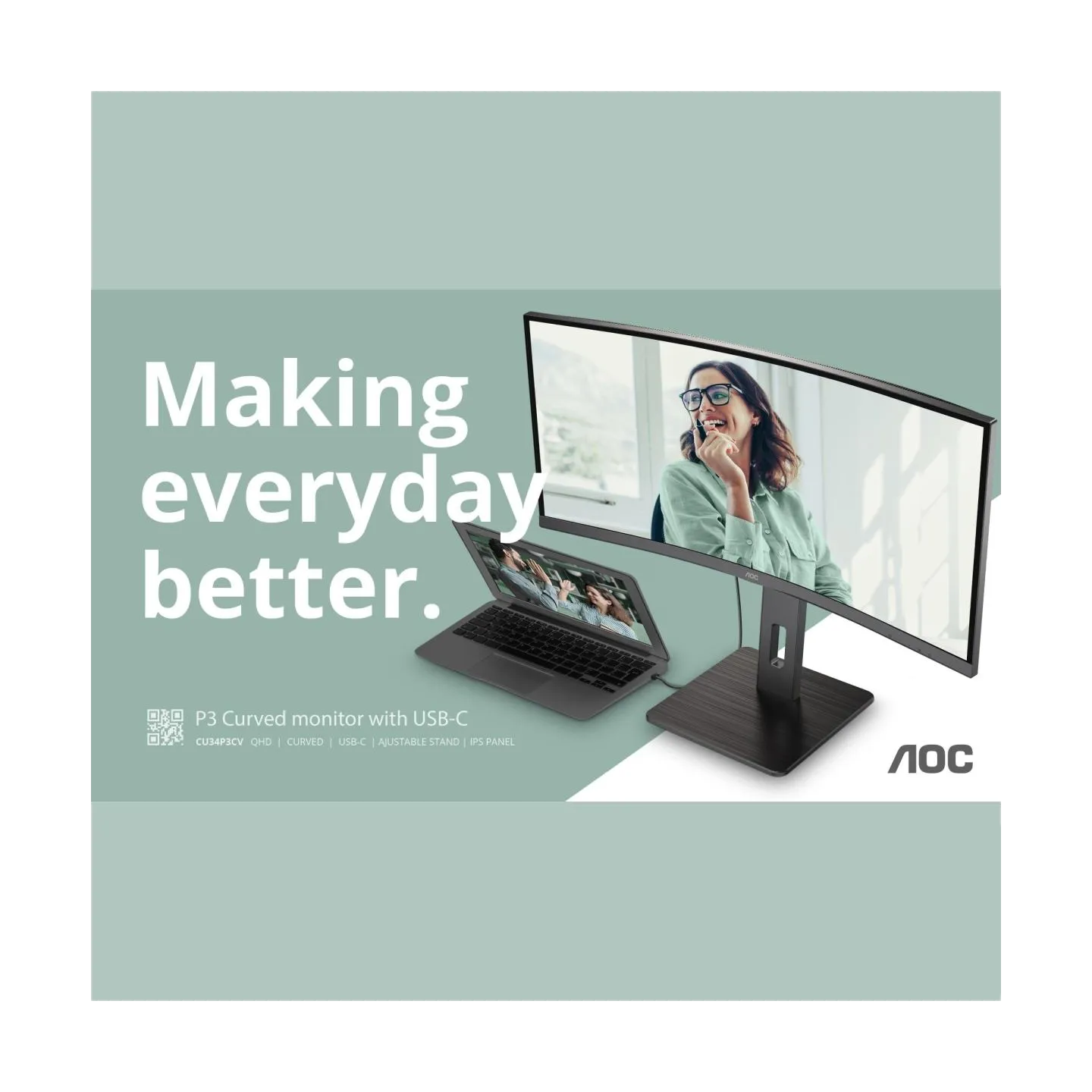 AOC | CU34P3CV | 34 " | VA | 21:9 | 100 Hz | 4 ms | 3440 x 1440 pixels | HDMI ports quantity 1