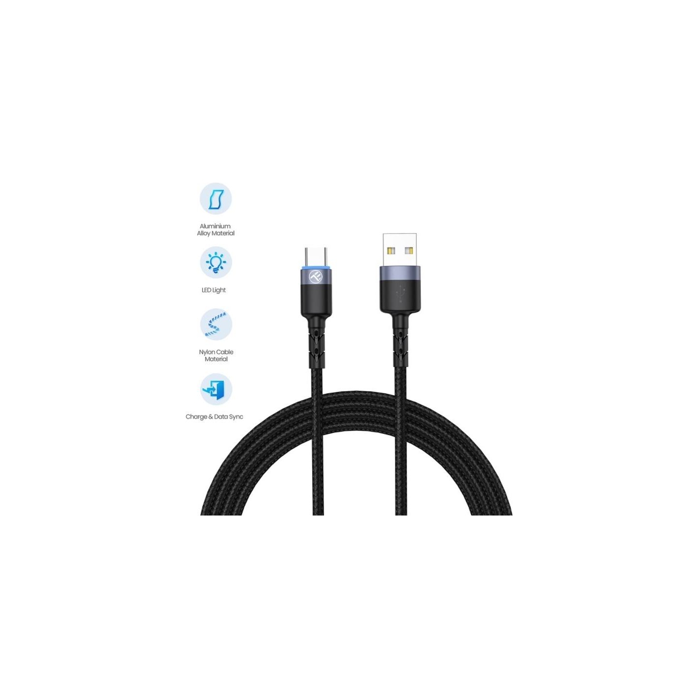 Tellur Data Cable USB to Type-C LED Nylon Braided 1.2m Black