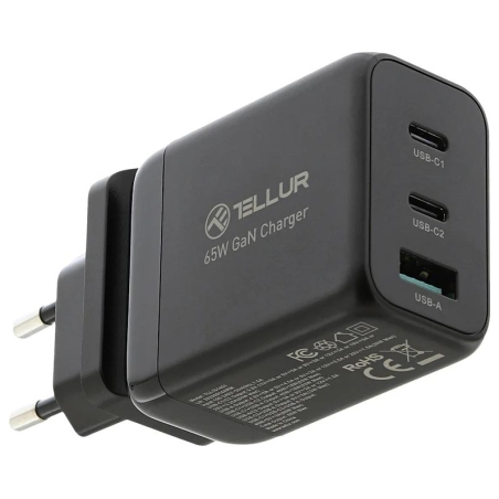 Tellur GaN 65W 3-port wall charger, 2xUSB-C + USB-A, EU,UK,US, black